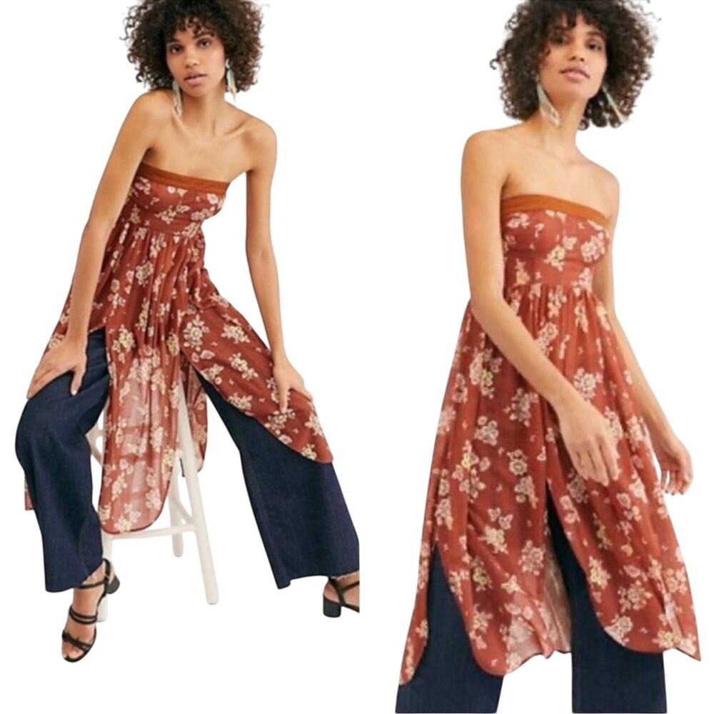 Free People Floral Strapless Smocked Tube Dress Boho Festival Split Hem L